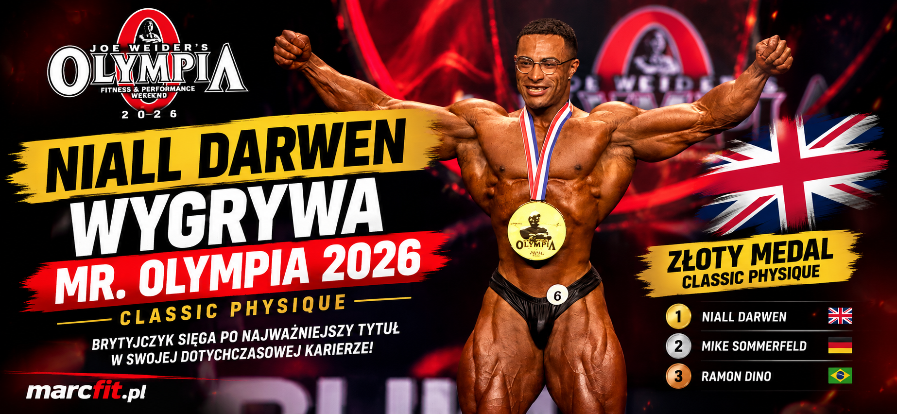 Niall Darwen ze złotym medalem Mr. Olympia 2026 Classic Physique na scenie IFBB