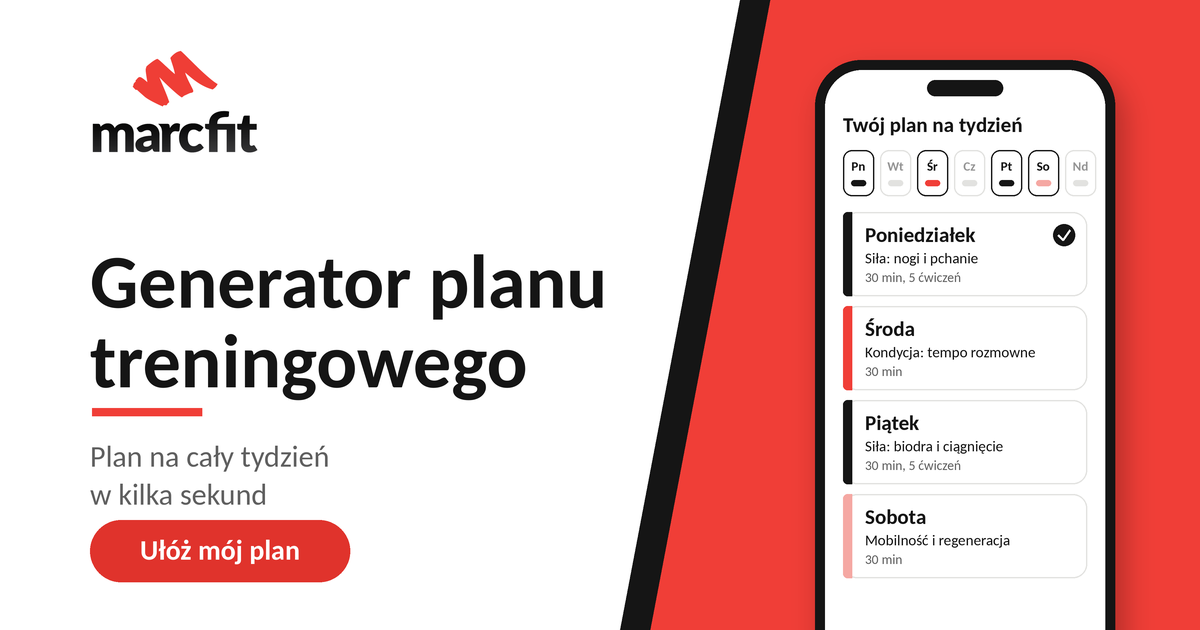 Generator planu treningowego marcfit na ekranie telefonu z planem na tydzień